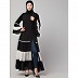 Contrast  pleated Front open abaya-Black- White
